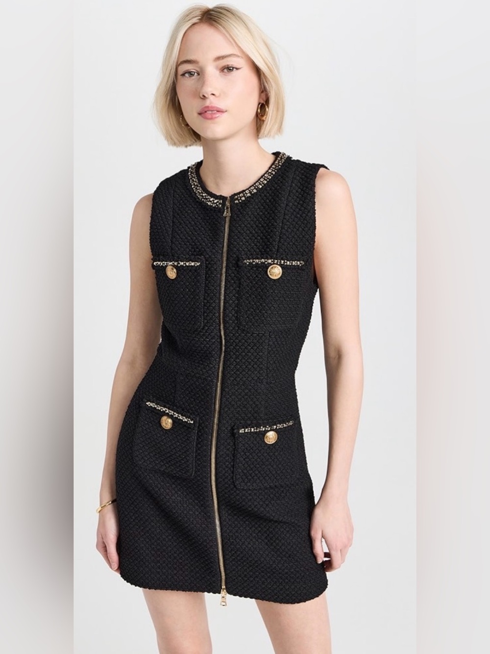 Alice + Olivia Black Tweed Mini Dress with Gold Hardware